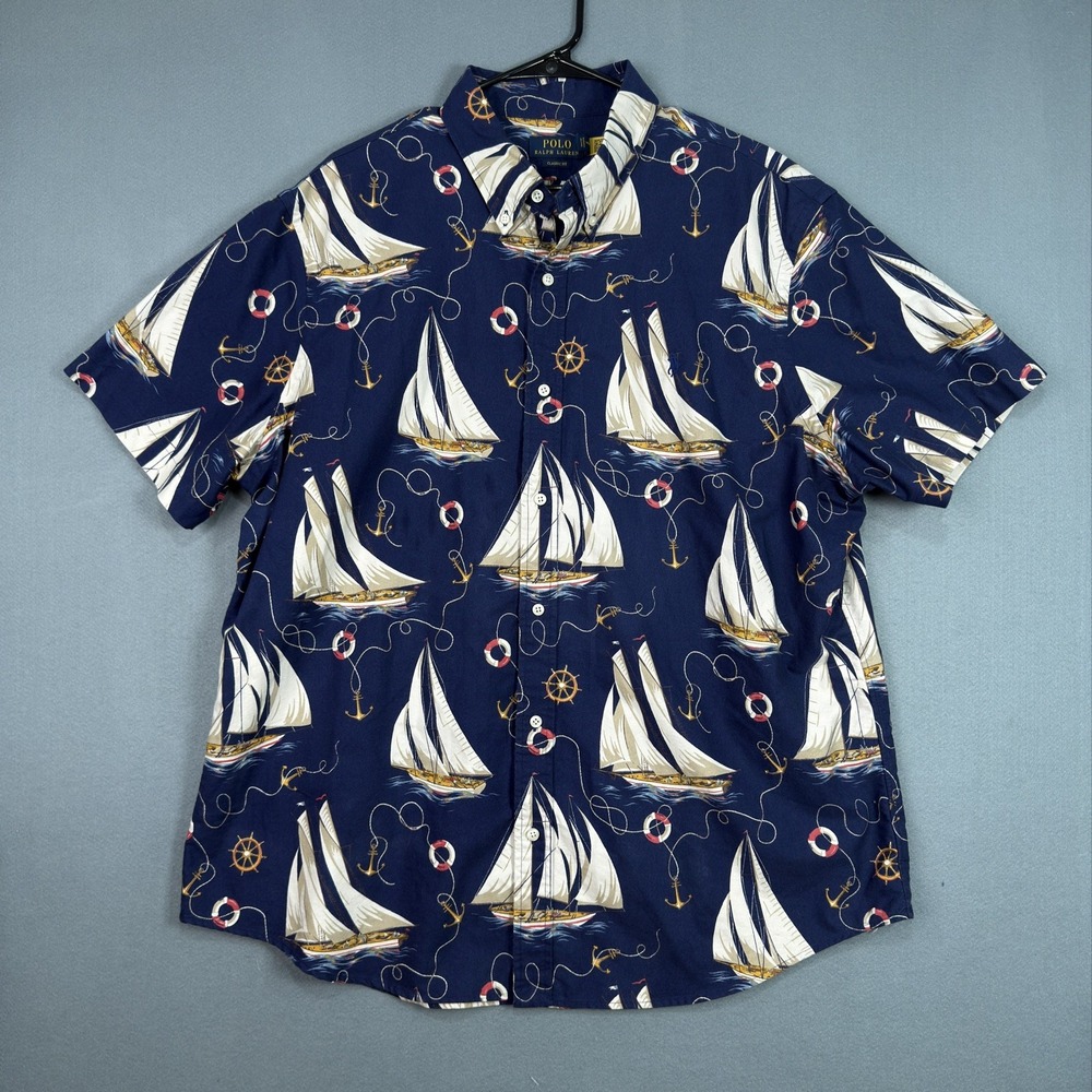 Polo Ralph Lauren Camp Shirt Mens 2XL Blue Sailboat hawaiian button down collar